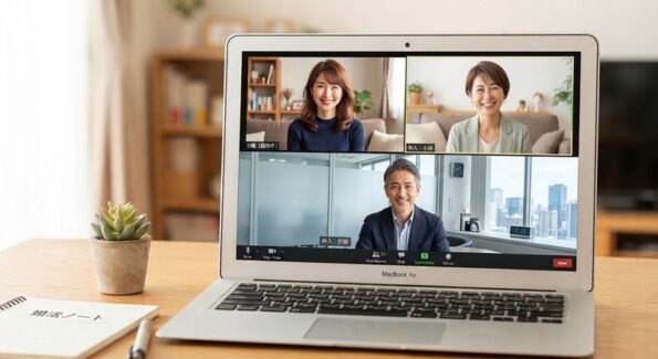 静岡県袋井市の40代女性O様が、結婚相談所の仲人小林・伊藤と3人でZoomを使ってオンライン結婚相談を行っているイメージ画像