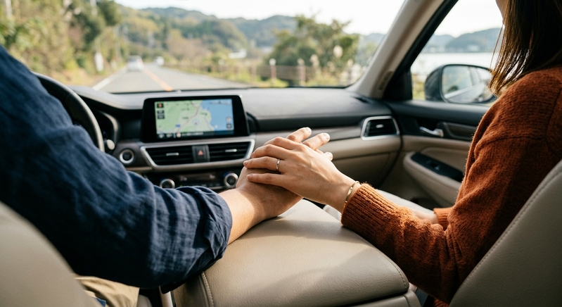 30代の成婚ブログ用：ドライブデート中に車内で手を重ね合わせる安心感のあるカップルのイメージ写真