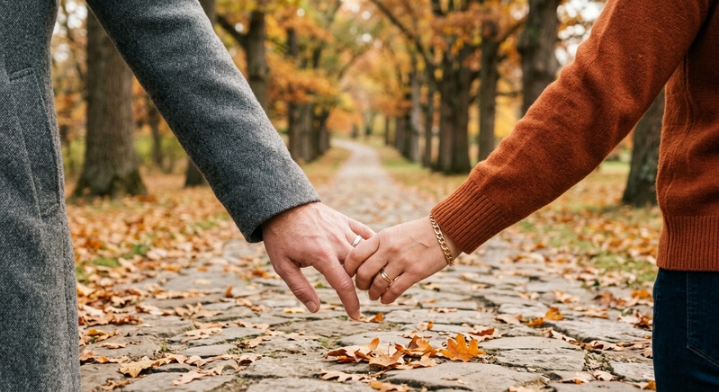 40代・アラフォーの成婚ブログ用：休日の並木道をお散歩しながら優しく手元を近づけて歩く大人カップルのイメージ写真
