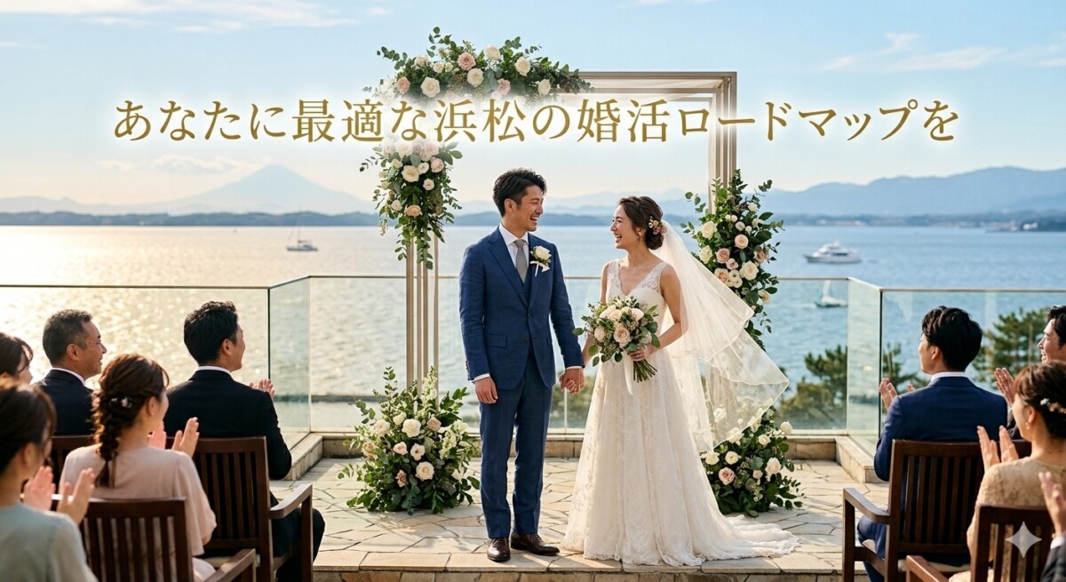 浜松市の30代カップルが浜名湖を背景に結婚式を挙げるイメージ 浜松湖西婚活サービス結い