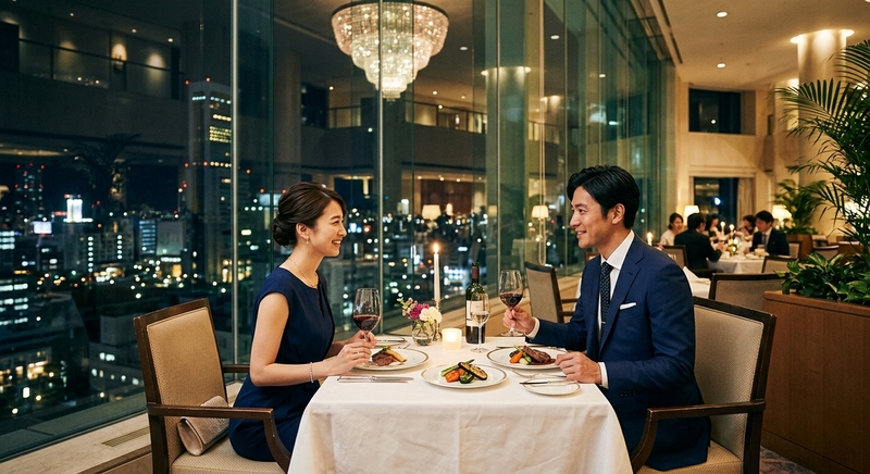 浜松の夜景が見えるおしゃれなレストランでディナーデートを楽しむ婚活中の男女