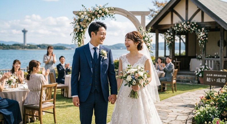 浜名湖を望む美しいチャペルガーデンで、ゲストに祝福され笑顔で見つめ合う30代成婚カップルの結婚式（浜松湖西婚活サービス結いの成婚実績）