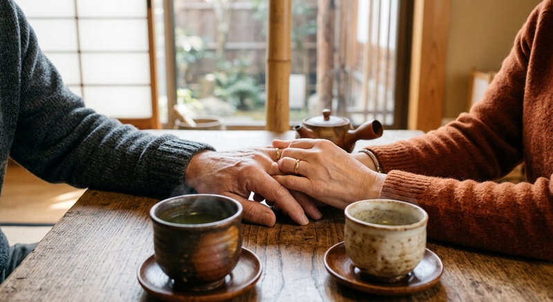 50代・60代・シニアの成婚ブログ用：温かいお茶を飲みながら和モダンなカフェで優しく手を重ね合わせる、穏やかな大人カップルのイメージ写真
