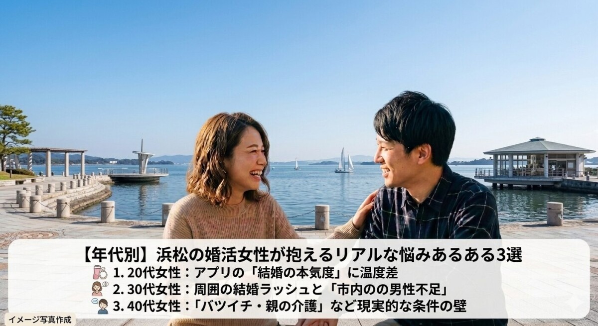 浜松市の浜名湖湖畔でデートを楽しむ婚活中のカップルの様子　20代、30代、40代におすすめの結婚相談所　浜松湖西婚活サービス結い