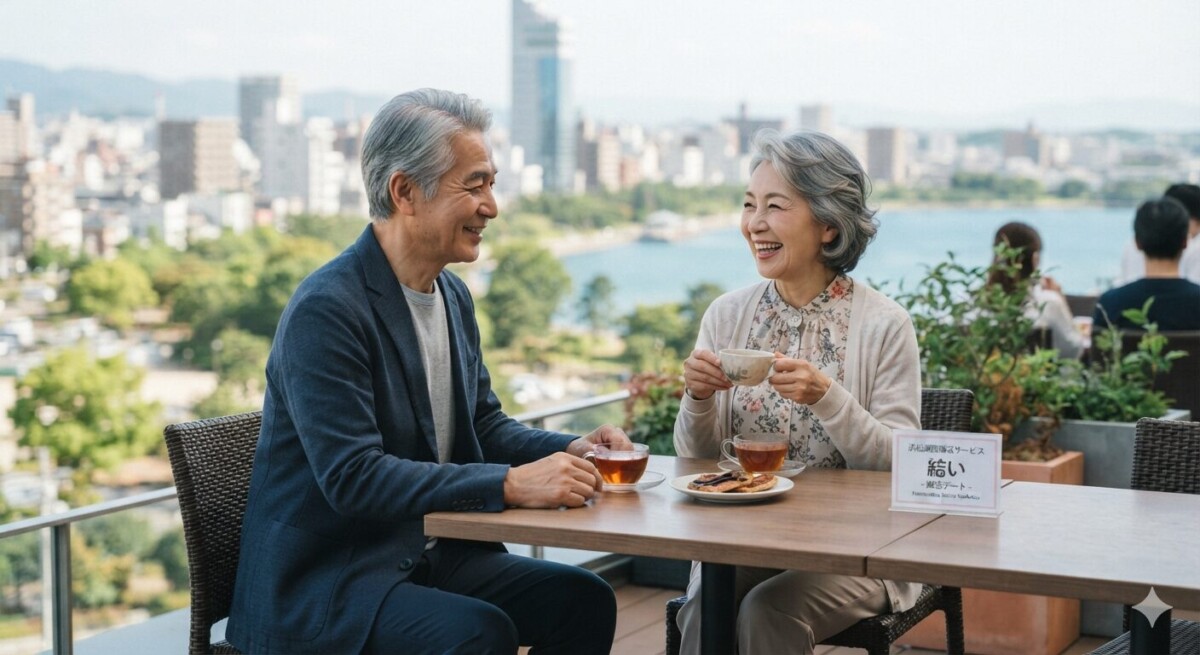 浜松での第二の人生を、安心の「お見合い」から始めませんか？シニア世代の男女がカフェで語らうイメージ　浜松湖西婚活サービス結い
