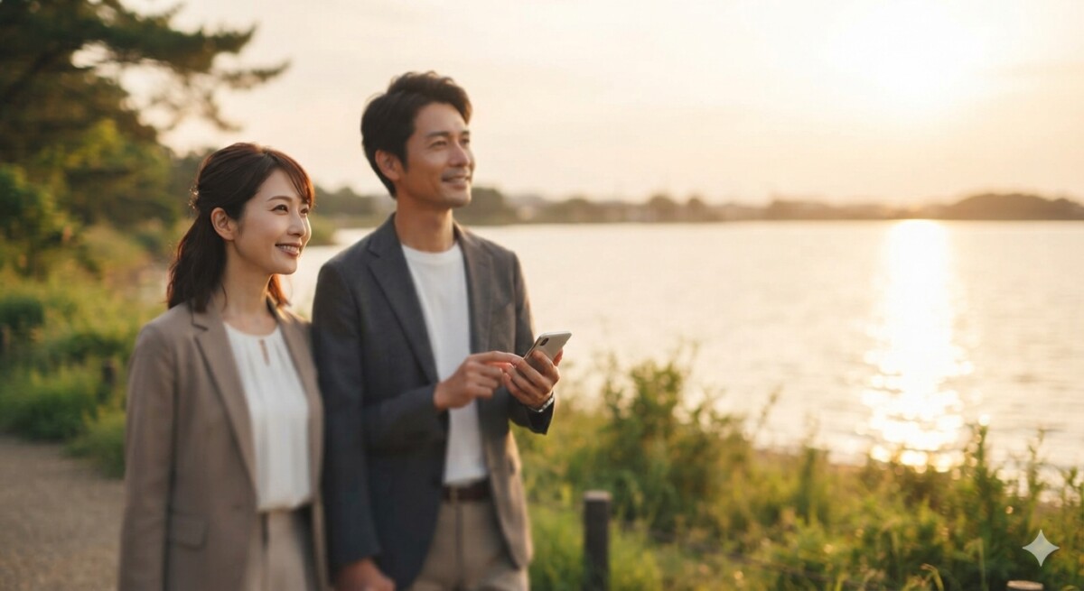 浜松市浜名区の浜名湖を眺めながら婚活デートする男女　浜松湖西婚活サービス結い