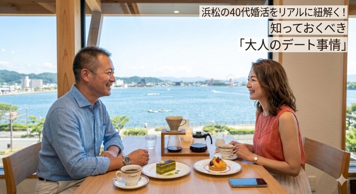 浜松の浜名湖を背景に40代の男女が婚活でデートしている様子