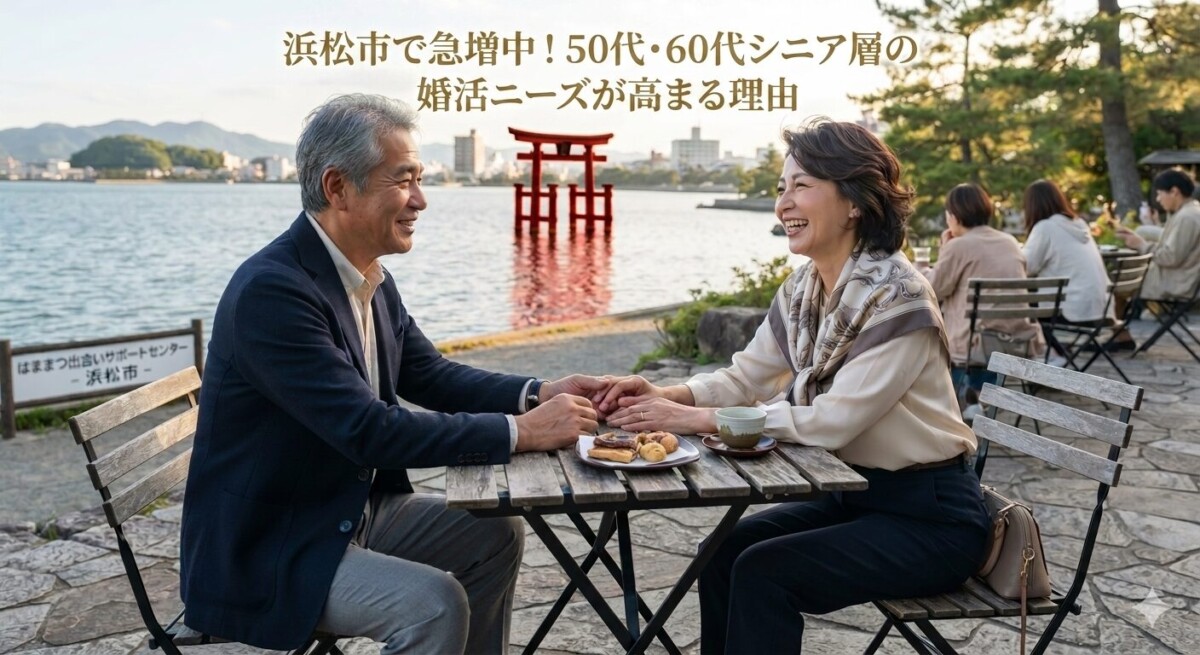 60代のカップルが浜名湖湖畔でデートを楽しむ様子 浜松湖西婚活サービス結い
