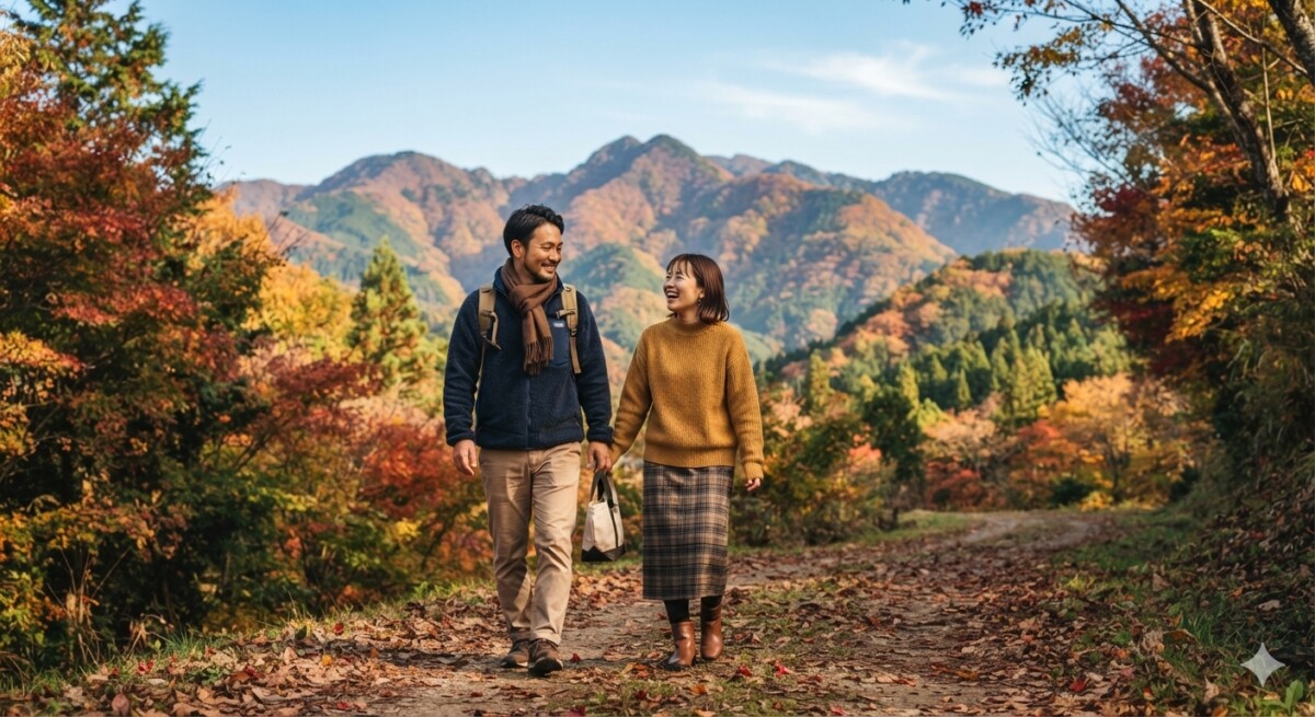 週末に新城市の山を散歩デートする30代婚活中の男女のイメージ　浜松湖西婚活サービス結い
