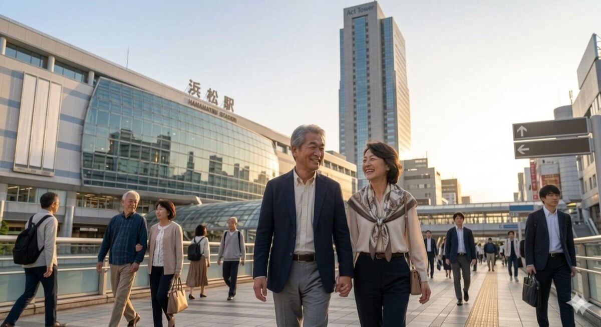 60代シニア世代の独身男女が浜松駅前をデートしている様子 浜松湖西婚活サービス結い
