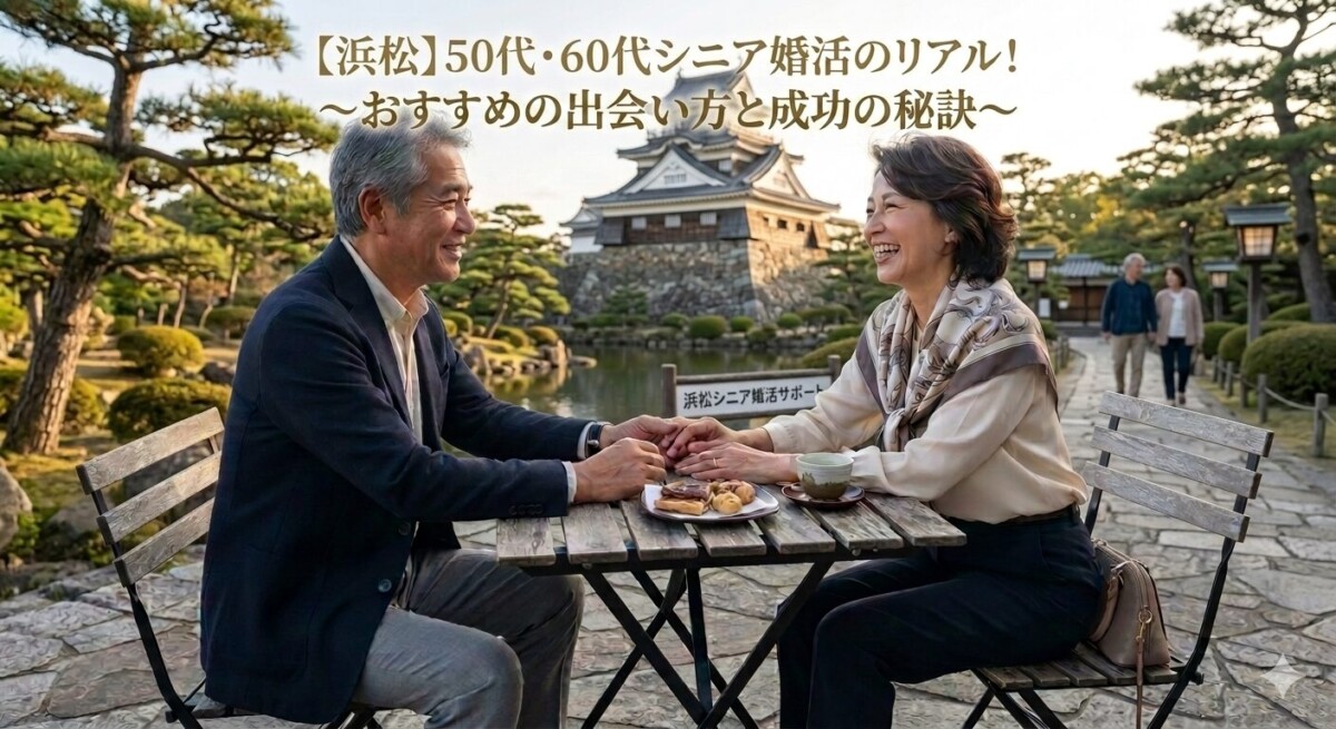 60代シニア世代の独身男女が浜松城前でデートしている様子 浜松湖西婚活サービス結い