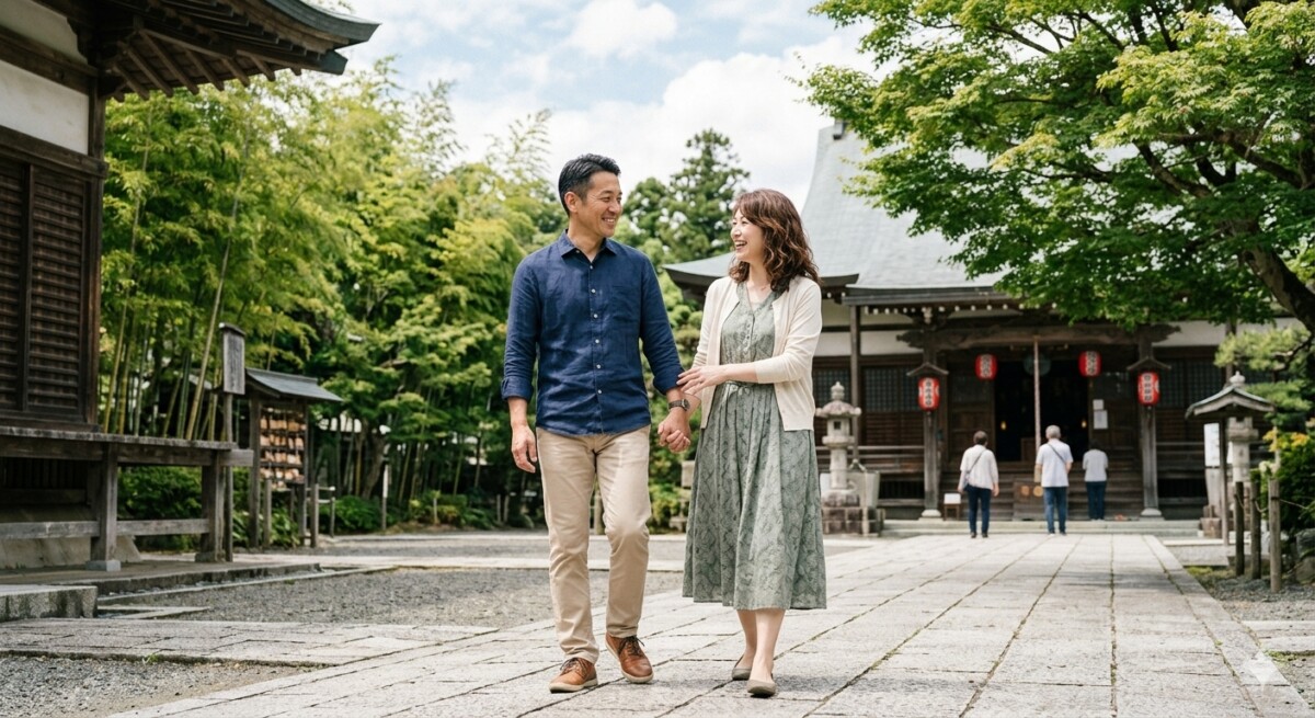 袋井市の可睡斎を婚活デートする40代カップルのイメージ　浜松湖西婚活サービス結い
