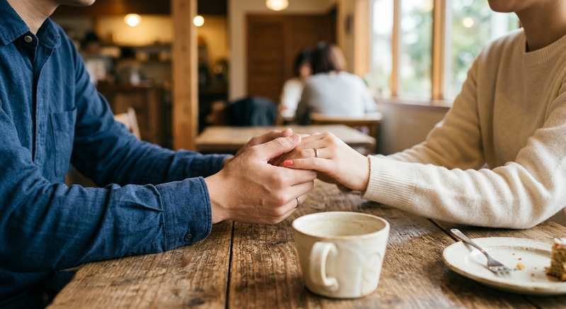 結婚相談所の成婚エピソード用：手元を近づけて仲良く歩く20代カップルのイメージ写真