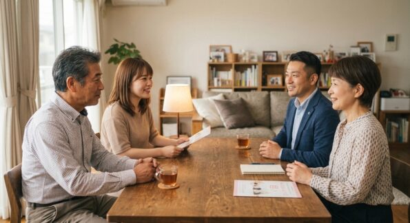 30代の娘と一緒にご両親（お父様とお母様）が自宅のリビングで、浜松湖西婚活サービス結いの仲人から真剣に結婚相談のシステムや安心なサポート内容についてお話を聞いている様子。